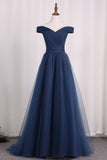 2024 Tulle A Line Off The Shoulder Prom Dresses Ruffled PPSE3X7F