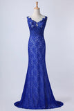 2024 Evening Dresses Bateau Mermaid With Deep V Shape Back Lace&Tulle Dark Royal PZ7783AA