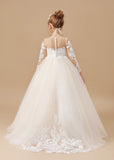 Floor-length Long Sleeves Lace Tulle Satin Flower Girl Dresses