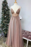 A Line Tulle V Neck Applqiues Prom Dresses With Slit, Spaghetti Straps Long Formal Dresses STK15037