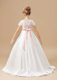 Ivory Floor-length Lace Satin Flower Girl Dresses With Pink Bowknot