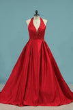 2024 Halter Prom Dresses Open Back A Line Satin P1QGCM8E