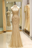 Vintage Mermaid Prom Dress Gold Tulle Long Evening Dress