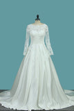 2024 A Line Scoop Satin Wedding Dresses With Applique PKCHH69B