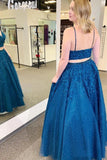 Sparkly Two Pieces Mykonos Blue Appliques Spaghetti Straps Prom STK15674