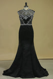 2024 High Neck Prom Dresses Mermaid Beaded Bodice Satin Open P4BJMAJA