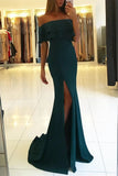 Elegant Off the Shoulder Royal Blue Mermaid Ruffle Sleeve Satin Long Prom Dresses STK15190