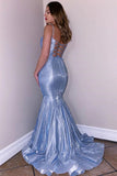 Glitter Spaghetti Straps V Neck Blue Mermaid V Neck Prom Dresses, Party STK20419