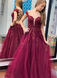 A Line Tulle Burgundy Lace Appliques Formal Evening Dresses Long Prom Dresses