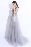 2024 New A-Line V-Neck Grey Tulle Beaded Long Sleeveless Backless Prom Dresses with Split