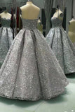 Sweetheart Gray Sleeveless Long Sequins Strapless Ball Gown Shiny Winter Prom Dresses