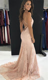 Elegant Straps V Neck Burgundy Lace Mermaid Long Evening Dresses, Prom Dresses STK15206