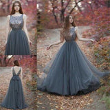 V-Back Tulle Gray Charming Popular Pretty Evening Long Prom Dresses Online