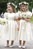 Vintage Juliet Sleeves Tea Length Round Neck Satin Flower Girl Dresses, Little Dresses STK15606