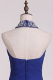 2024 Dark Royal Blue Halter Bridesmaid Dresses Chiffon With Beading Floor PG66KP3B