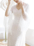 Unique V Neck Lace-up Mermaid Back Bridal Dresses Ivory Lace Trumpet Sleeve Wedding Dresses STK15469