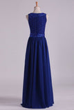 2024 Dark Royal Blue Prom Dresses Scoop A Line Chiffon With Beading Floor P6ZBETQN