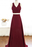 Two Piece Prom Dresses A-line Floor-length Burgundy Chiffon Prom Dress