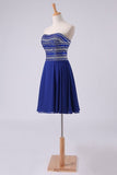 2024 A Line Short/Mini Strapless Dark Royal Blue Chiffon Homecoming Dresses With PZJGHLHX