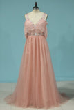 2024 Straps With Beads A Line Prom Dresses Tulle PTS7K3BK