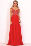 2024 Chiffon Straps Beaded Bodice A Line Open Back Sweep Train P96K35RT