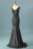 Simple Dark Grey Long Prom Dress V Neck Evening Dress