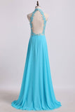 2024 High Neck A Line Prom Dresses With Applique&Beads PLCHEZX7