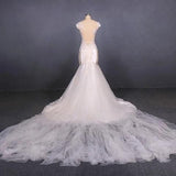 Charming Mermaid Tulle V-neck Wedding Dress, Sheer Back Long Bridal Dresses STK15112