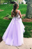 A Line Lilac Appliques V Neck Long Prom Dresses, Long Prom Formal Gowns STK15004