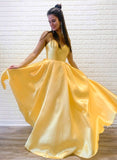 A Line Simple Yellow Satin Spaghetti Straps Formal Evening Dresses Long Prom Dresses