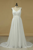 2024 Chiffon Straps A Line Wedding Dresses With Applique And Beads P5KFGAL8