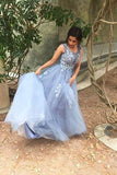 Unique Blue Tulle Appliques Beading Prom Dresses, Charming Formal Dresses STK15456