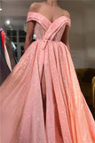 A Line Pink Sequins Off the Shoulder Prom Dresses with Split, V Neck Dance Dresses STK15013