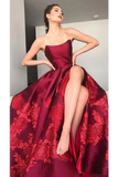 Unique A Line Strapless Burgundy Satin Prom Dresses With Appliques Formal STKPYZN65CB