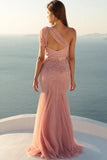 2024 Mermaid One Shoulder Tulle With Beads And Sash Prom Dresses P67DYE9D