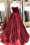 Unique A Line Burgundy Sweetheart Strapless Satin Prom Dresses, Simple Party Dress STK15602