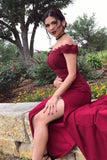 Mermaid Off the Shoulder Burgundy Prom Dresses with Slit, Lace Appliques Evening Dress STK15264