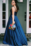 A Line Jewel Sleeveless Prom Dresses Long Cheap Navy Blue Satin Backless Evening Dresses