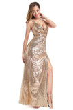 A Line Spaghetti Straps Sequins V Neck Backless Prom Dresses with Side Slit Formal Dress STK15030