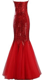 Largos Sparkly Mermaid Strapless Trumpet Fitted Tulle Sequin Long Prom Dresses