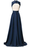 V-neck Long Chiffon open Back Bridal Prom Evening Dress