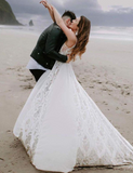 Long V-neck Backless Elegant Beach Lace Wedding Dresses