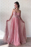 A Line Pink Sequins Strapless Sweetheart Prom Dresses, Sleeveless Party Dresses STK15014