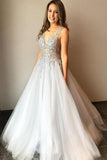 V-neck Beaded Tulle Formal Party Dresses A Line Gray Long Prom Dresses