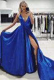 Spaghetti Straps Royal Blue V Neck Satin Prom Dresses with High Slit, A Line Formal Dresses STK15419