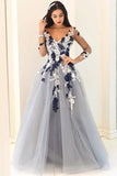 2024 A-Line/Princess V-Neck Long Sleeves Applique Tulle Floor-Length Dresses PQX7TCMJ