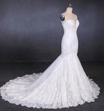 Charming Strapless Sweetheart Mermaid Lace Appliques White Wedding Dresses STK15128