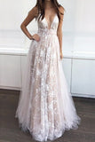 2024 A-Line/Princess V-Neck Floor-Length Tulle Sleeveless Applique PQ349YFM