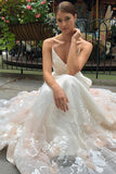 Tulle V Neck Embroidery Long Spaghetti Straps Wedding Dresses, Bridal Dresses STK15444