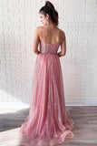 A Line Pink Sequins Strapless Sweetheart Prom Dresses, Sleeveless Party Dresses STK15014